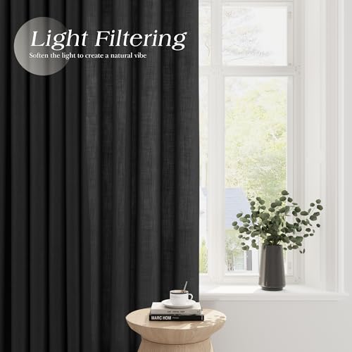 Image of Black Linen Curtains 96 inches Long for Living Room Grommet Semi Sheer Light Reducing Curtain Drapes 2 Panel Set Airy Lightweight Privacy Textured Window Treatments Panel for Bedroom 8Ft Tall 52x96