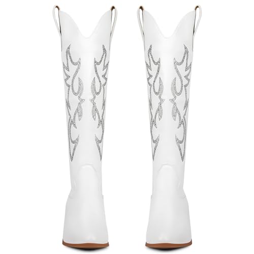 Image of STALOV Cowboy Boots for Women Pull On Chunky Heel Boots Knee High Cowgirl Boots Western Pointed Toe Boots Embroidered Suede Boots