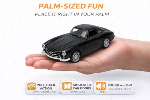Image of 1:36 Scale Mercedes Vintage Diecast Toy Car - Pull Back Metal Classic Car Model with Openable Doors, LED Lights & Music - Alloy Mini Vehicle Gift for Kids, Boys & Collectors【Black】