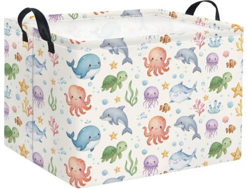 Image of Rectangular Baby Kids Storage Basket for Home Kitchen Girls Cute Toy Storage Bin Organizer Shelf Book Room Decor(Cute Ocean)