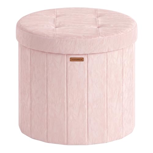 Image of SONGMICS Mazie Collection - Round Storage Ottoman, Folding Footrest Stool with Removable Lid, Easy Assembly, PU Leather Vanity Stool for Bedroom, Living Room, Entryway, Jelly Pink ULSF609SA01