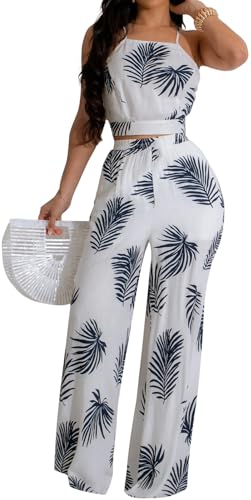 Elegant 2 Piece Sets for Women Sexy Printing Crop Top Long Straight Pants Vacation Outfits Beach