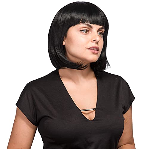 Image of medium wavy bob black natural looking hair wig for confident look