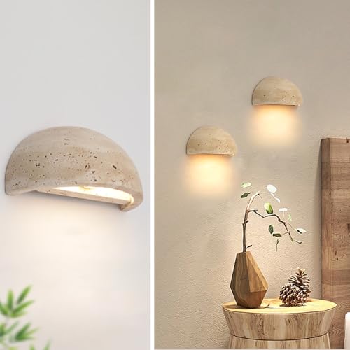 WOSBO Yellow Travertine Wall Sconce 5.9 Wabi Sabi Light Fixture with Half Moon Natural Stone Lampshade Japanese Style Marble Wall Sconce for Bedroom Living Room Kitchen Farmhouse Hallway Entryway