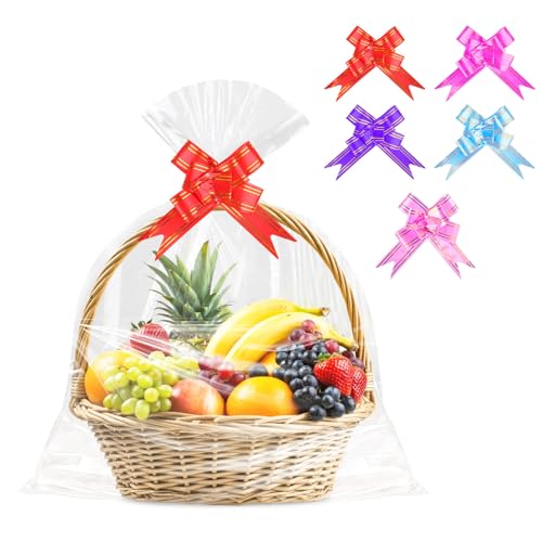 MINISOISO 10 Stück Große Geschenkfolie Transparent Cellophantüten (60 x 76 cm), Durchsichtiges Geschenkpapier Cellophantüten mit 10 Zugschleifen für Blumen, Geschenkkörbe, Kunsthandwerk