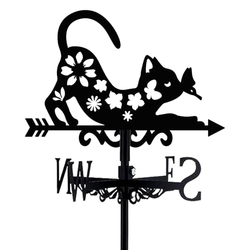 Cat Weathervane Roof 26 Height Black Metal Vintage Cat Flower Windvane Durable Cute Animals Weathercock Windmill Wind Cups Brackets for Outdoor Farmhouse Decoration Garden Yard Decors
