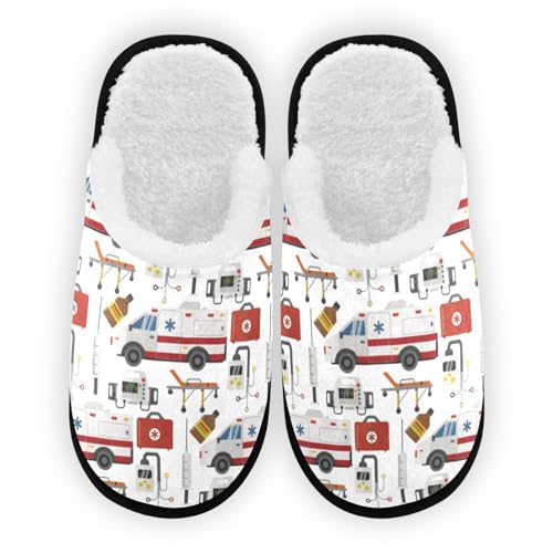 Glaphy Ambulance Cars Pattern House Slippers for Men, Memory Foam Non-Slip Indoor Slippers Bedroom Hotel Travel Spa Home Shoes, 9-12