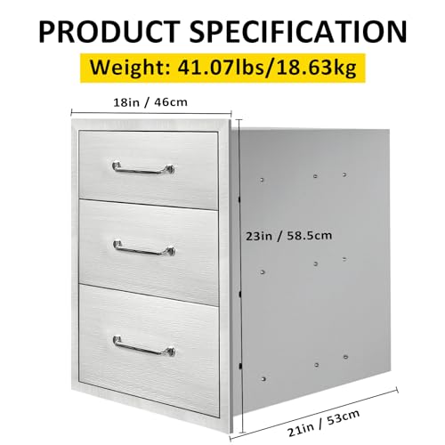Image of Outdoor Kitchen Drawers 18 inch W x 23 inch H x 21 inch D Flush Mount Triple BBQ Drawers with Chrome Handle Stainless Steel Drawer for Outdoor Kitchen Island, Patio Grill Station