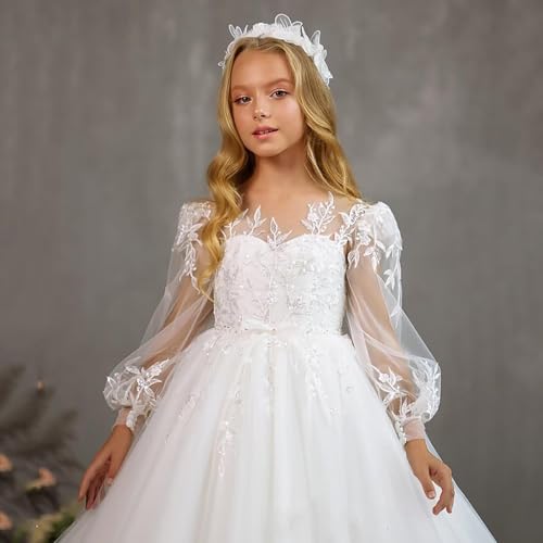 Girls Lace Appliques Flower Girl Dress Long Sleeves Long Wedding Dress A Line Tulle White Pageant Dress CT272