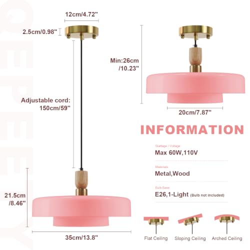 Image of Pink 2 Tier Saucer Hanging Pendant Lamp Adjustable Ceiling Fixture | Solid Wood Pendant Light, Gold Canopy, 150cm Adjustable Cord, E26, Fits Flat /Sloped /Arched Ceilings for Kitchen Island