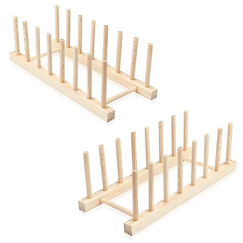 sinzau 2 PACK Plate Rack, Wooden Dish Rack, for Plate, Cup, Pot Lid, Board and Books, 7 Slots