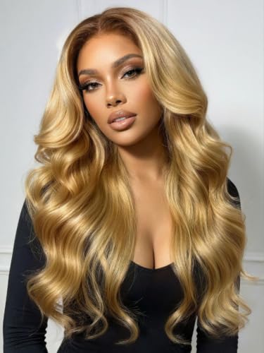 Image of KLAIYI Bye Bye Slip Ombre Honey Blonde Loose Body Wave Precut 7X5Lace Front Human Hair Wig with Brown Roots Drawstring Glueless Ready to Wear and Go Wig Face Framing Pre Plucked Bleached Knots 16Inch