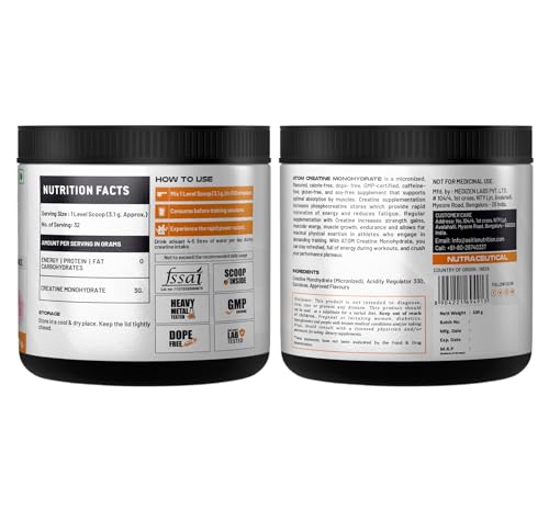 Image of AS-IT-IS ATOM Creatine Monohydrate 100g - 32 Servings, Classic Rose, Dope free, Enhances Performance, Promotes Muscle Gains