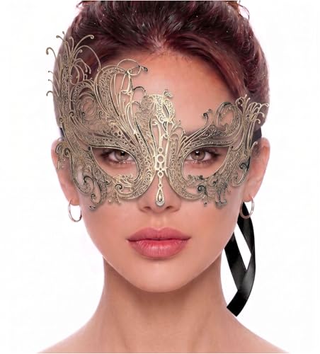 Image of Metal Filigree Masquerade Mask for Women - Swan Style Mask with Rhinestones for Mardi Gras, Prom, Halloween & Venetian Party
