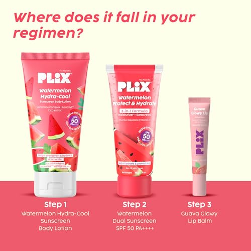 Image of PLIX- THE PLANT FIX Watermelon Hydra-Cool Body Lotion + Dual Sunscreen Combo | SPF 50 PA++++ | Ceramides + Squalane + Vitamin C | Broad Spectrum UVA, UVB Protection | Lightweight Hydration | For All Skin Types