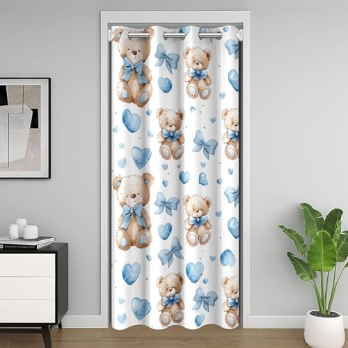richhome Cute Bear Rideau Occultant Rideaux Bowknot Rideau de Porte 132x203cm pour Les garçons Filles cœur Kawaii Chambre à Coucher décor bébé Bleu