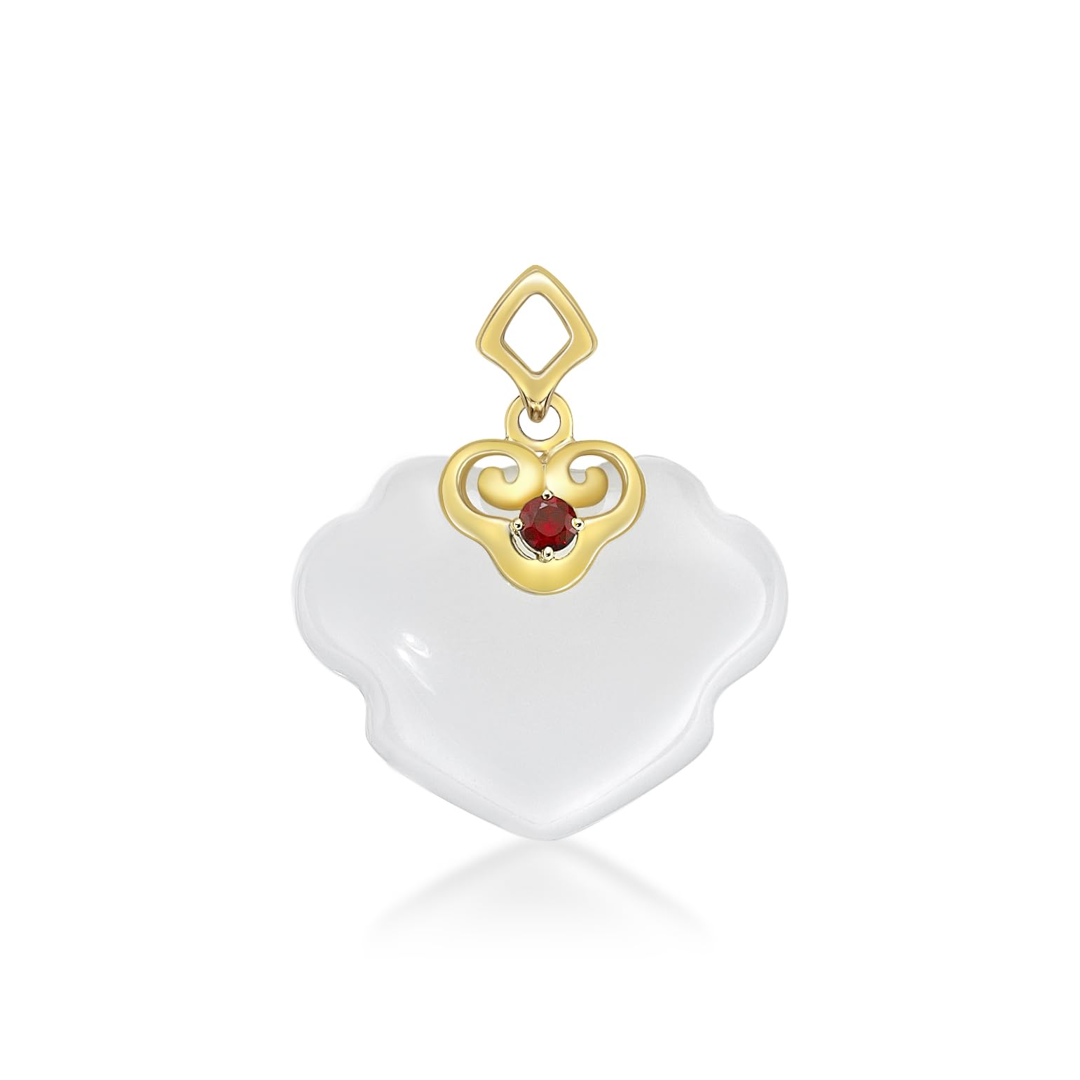 CHOW TAI FOOK RuYi Hetian Jade Pendant with Rounded Ruby on 18K Yellow Gold Claws Prong