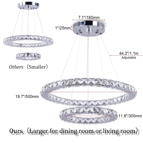 Tonglan Led Modern Crystal Chandelier 19.7 X 11.8 Inches Ceiling Pendant Light 2 Rings Adjustable Stainless Steel Lighting Fixtures Dining Room Living Room (White) #TOP3