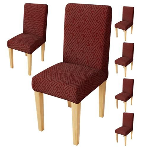 Image of Lukzer Elastic Dining Chair Cover - 6PC Pastel Deep Maroon Grid Maze | Textured High Stretch Jacquard Seat Cover | Removable Washable Short Dining Chair Cover Protector Seat Slipcover | (CC-109-6)