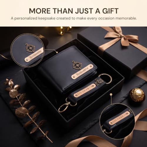 Image of Personalized Name & Charm Leather Wallet & Keychain (Dark Brown) Giftset for Men|Customized Birthday Anniversary Corporate Gift for Man|Gifts for Men|Secret Santa Gifts for Office Staff Dark Grey