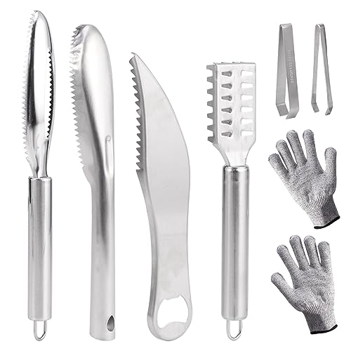 8PCS Fish Scaler Remover, Stainless Steel Fish Scaler with Gloves, Fish Scale Remover Set Fish Scale Scraper Fish Bone Plucking Tweezers Fish Skin Grater Scraper Peeler Brush Cooking Tool for Kitchen