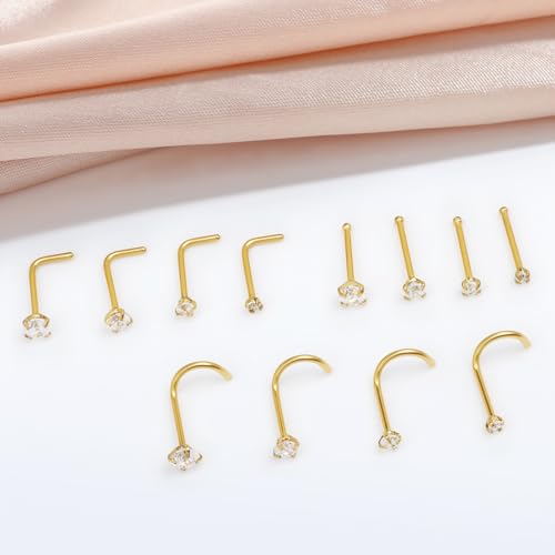 12 Pcs Gold/Silver Surgical Steel Nose Rings Studs Set for Women 20G Nose Piercing Stud Nose Studs Set Jewelry for Women Men Nose Piercings Jewelry Gift Piercing Jewelry 0.8mm2