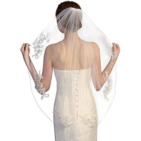 Delleu Hochzeit Brautschleier Kristall Perlen Weiß Elfenbein Spitze Appliques Schleier Cover
