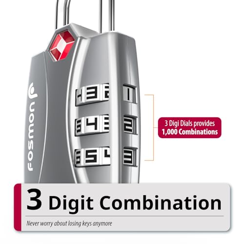 Image of Fosmon TSA Approved Luggage Locks, 3 Digit Padlock, 2 Pack Silver | Open Alert Indicator, Alloy Body Padlock, Suitcase Travel Lock, Backpack Zipper Anti Theft, Gym Locker Security
