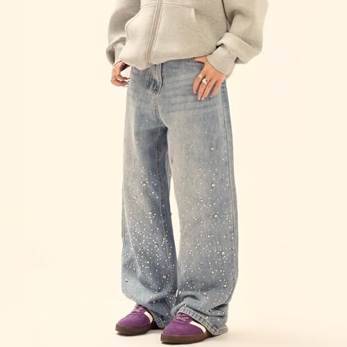 Mens Rhinestone Jeans Vintage Baggy Sparkly Pearl Bling Jeans Chic Wide Leg Denim Pants Womens Y2K Grunge Clothes4