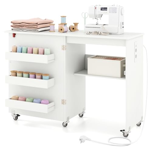 GIANTEX Nähtisch mit Ladestation Nähmaschinentisch klappbar Nähschrank mit Rollen Nähmaschinenschrank Holz mit Stauraum Nähtisch für Nähmaschine Mehrzwecktisch 116 x 41 x 78 cm (Weiß)