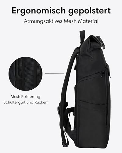 LARKSON Rucksack Damen & Herren Schwarz - No 4 Large - Rolltop Backpack 21 L mit 16 Zoll Laptopfach Uni, Arbeit & Fahrrad - Großer Reiserucksack mit Trolley Strap