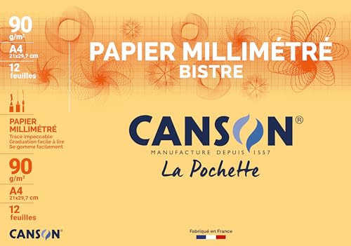 CANSON Pochette de 12 feuilles de papier millimétré Bistre A4 90 g