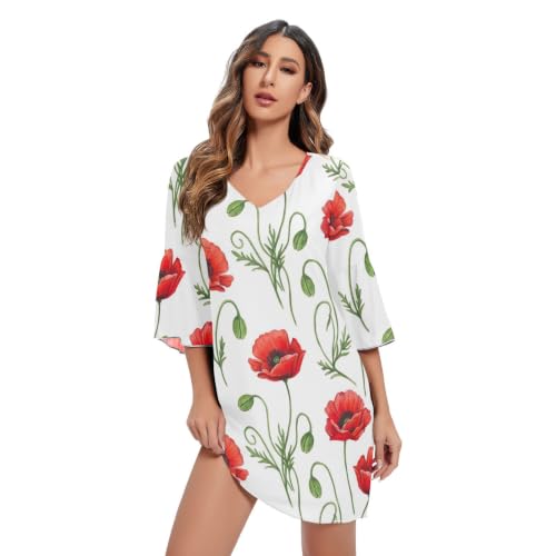 Robe imprimé hawaïen et fleurs de coquelicot rouge en tissu noble et finitions soignées