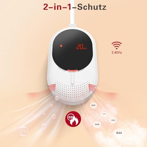 PHYSEN WLAN Gas- und CO-Melder für Küche & Heizraum - Zertifiziert EN50194 & EN50291 - 5 Jahre Sensorlebensdauer
