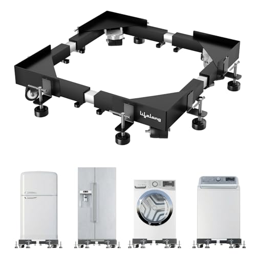 Image of Lifelong Washing Machine Stand - Adjustable Metal Kitchen Trolley with Wheels for Home with 8 Anti Vibration Rubber Grips - Up to 250Kg - Suitable for Fridge, Dishwasher & Air Cooler (Black & White)