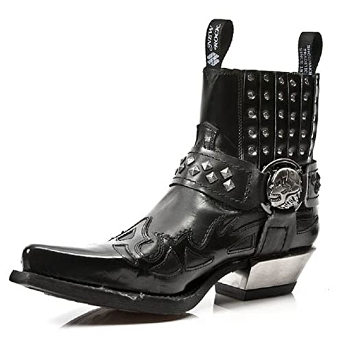 New Rock 7950-S9 Mens Black Ankle Boots Western Goth Strap Skull Stud Metal3