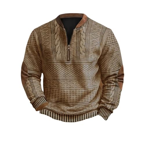 Sweatshirts for Men Quarter Zip Pullover Sweatshirt Vintage Knit Print Graphic Shirt Fashion Trendy Coat with Elbow Patch