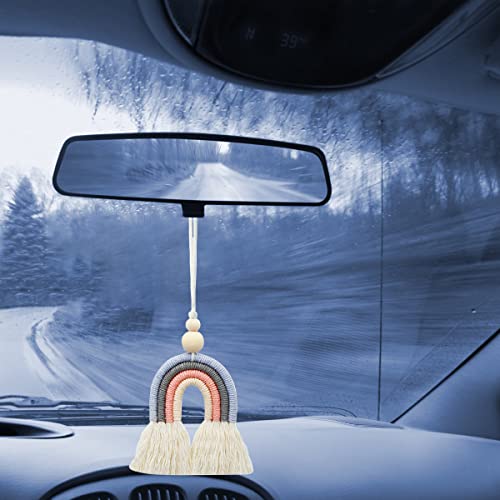 Image of 1 Pieces Macrame Rainbow Car Pendant Boho Rainbow Car Charm Diffuser Cute Car Air Fresheners Essential Oil Diffuser Handmade Hanging Car Accessories Decor for Car Interior (Rainbow 3)