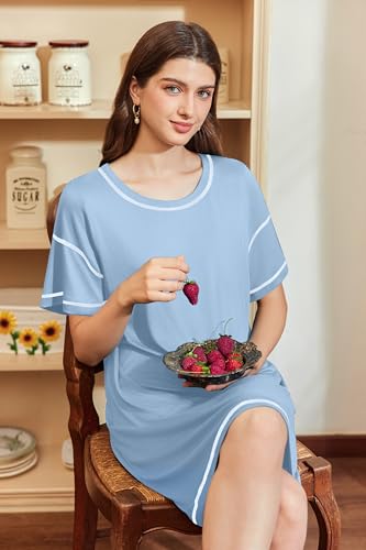 Image of Ekouaer Nightgowns for Women Soft Sleep Shirt Short Sleeve Night Shirt Oversized Sleepwear Comfy Sleep Dress