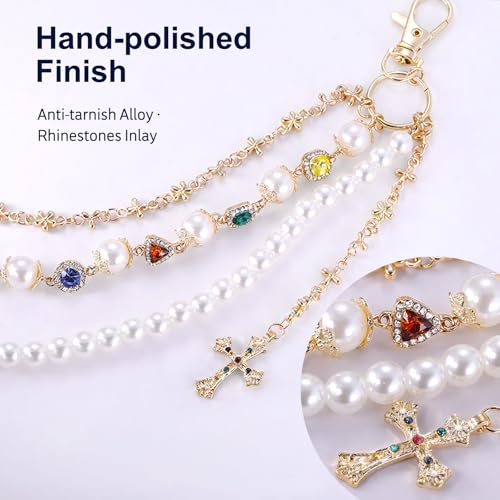 Image of Y2K Pearl Pants Chain Streetwear Jewelry- Unisex Layered Wallet Chain with Heart Cross Pendant, Punk Aesthetic Jeans Keychain Accessory for Men Women