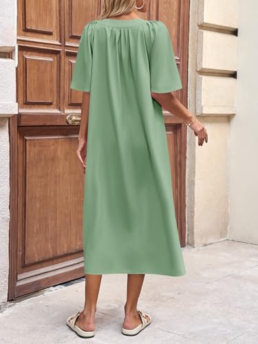 Image of Wenrine Womens Casual Maxi Dress Short Sleeve Loose Flowy Summer Dresses | flutter sleeve, v neck, loose fit, slit, long summer dress, beach, vacation