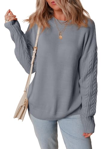 Dokotoo Womens Sweaters Casual Ribbed Crewneck Long Sleeve Solid Cable Knit Loose Fit Pullover Sweater Tops