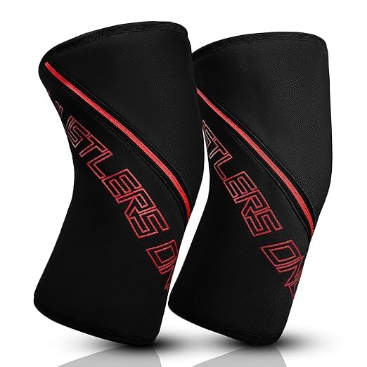 Hustlers Only Genouillères de gymnastique 7 mm pour haltérophilie, genouillères double épaisseur pour soutien, soulagement et protection du genou, paire robuste pour homme fort et femme (noir/rouge, L