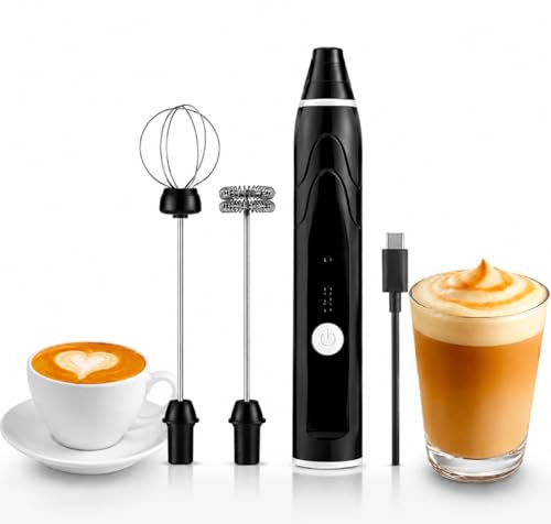 Image of USB Rechargeable Milk Frother with 2 Stainless Steel Heads, Electric Coffee Beater & Egg Whisk for Latte, Cappuccino, Hot Chocolate and Foam Making, Portable Hand Mixer