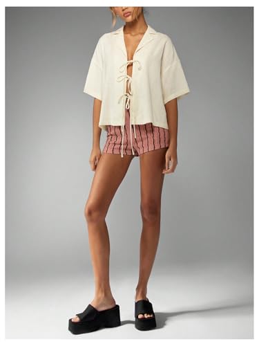 Image of MakeMeChic Women's Summer Crochet Shorts Striped Knit Pajama Micro Mini Shorts Lounge Bottoms