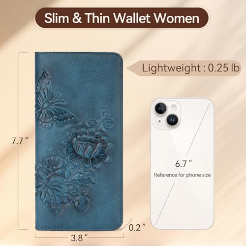 Image of Wallet Women Ultra Slim Thin Rfid 3D Embossed Vegan Leather Womens Wallet Clutch Long Ladies Wallet (05-Dark-Blue)