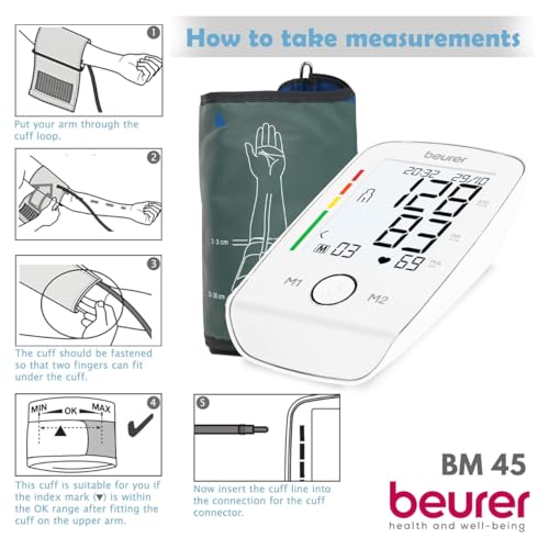 Beurer BM45 - Tensiómetro de brazo, indicador OMS, memoria 2 x 60 mediciones, color blanco - imagen 5