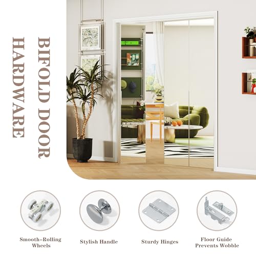 Image of Bifold Door for 48 inchx80 inch Opening, Preassembled Aluminum Alloy Mirrored Folding Door with Hardware Kit Included, Interior Bi fold Barn Door for Bedroom & Closet, Silver