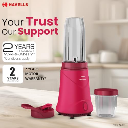 Image of Havells Nutri Power Blender 350 W Mixer Grinder| 1 Speed Switch| Leak Free Sipper Lid| Air Vent Technology| Stainless Steel Blade| 2Yrs Manufacturer Warranty (Pink)