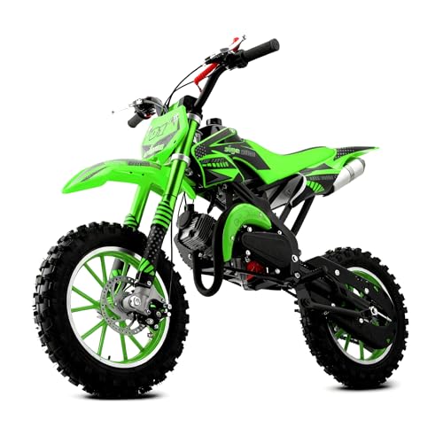 50cc Dirt Bike for Kids, 2-Stroke Gas Power Motorcycle, Off-Road Mini Dirtbike Kids 8-14 with Dual Disc Brakes and Shock Absorption Up to 25 MPH, Easy Pull Start (Green)